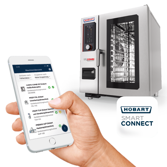 Smartfon z przeglądem statusu HOBART CHEF'S COMBI – nowoczesne sterowanie i monitorowanie przez aplikację.