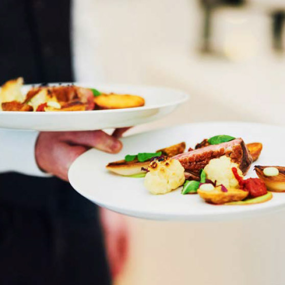Osoba trzyma dwa elegancko podane talerze z mięsem, pieczonymi warzywami i wyrafinowanymi dodatkami – przygotowane dzięki CHEF'S COMBI od HOBART, spełniające najwyższe standardy kuchni profesjonalnej.
