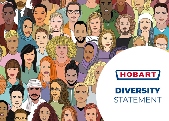 Ilustracja wielu różnych osób jako symbol integracji i równości, obok logo HOBART z napisem „Diversity Statement” podkreślającym zaangażowanie firmy w różnorodność.