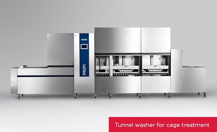 Tunelowa zmywarka HOBART PROFI ze stali nierdzewnej do higienicznego mycia klatek, z automatycznym systemem myjącym, przenośnikiem i wieloma komorami, idealna do laboratoriów i środowisk badawczych.