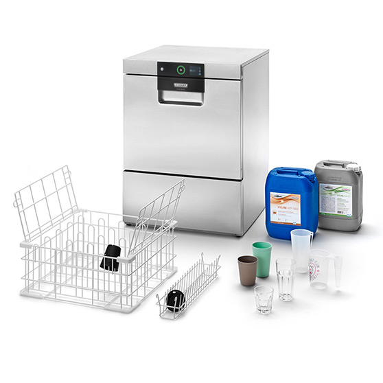 Zmywarka podblatowa HOBART ze stali nierdzewnej z koszem, kubkami wielokrotnego użytku, szkłem i chemią, energooszczędne rozwiązanie dla gastronomii i ekologicznego mycia.