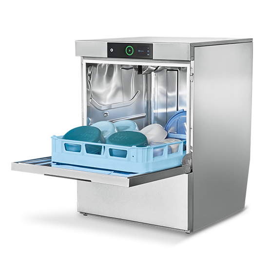 HOBART zmywarka podblatowa ze stali nierdzewnej z otwartymi drzwiczkami i koszem pełnym talerzy i misek, wyposażona w nowoczesny panel sterowania i energooszczędną technologię dla gastronomii i dużych kuchni.