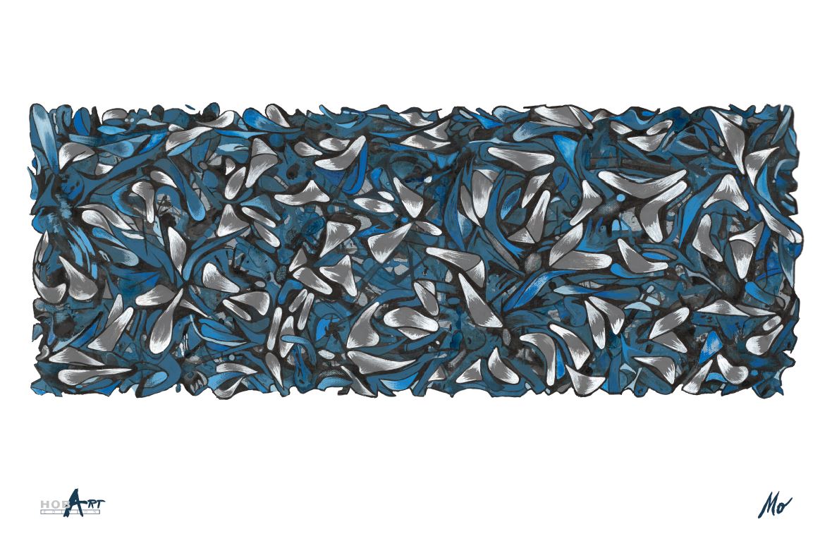 Abstrakcyjne dzieło składające się z wielu małych, klinowatych form przypominających skrzydła, w odcieniach niebieskiego, szarego i bieli, poruszających się wspólnie w dynamicznej, a jednocześnie harmonijnej kompozycji, symbolizującej indywidualność i współpracę w duchu HOBART.