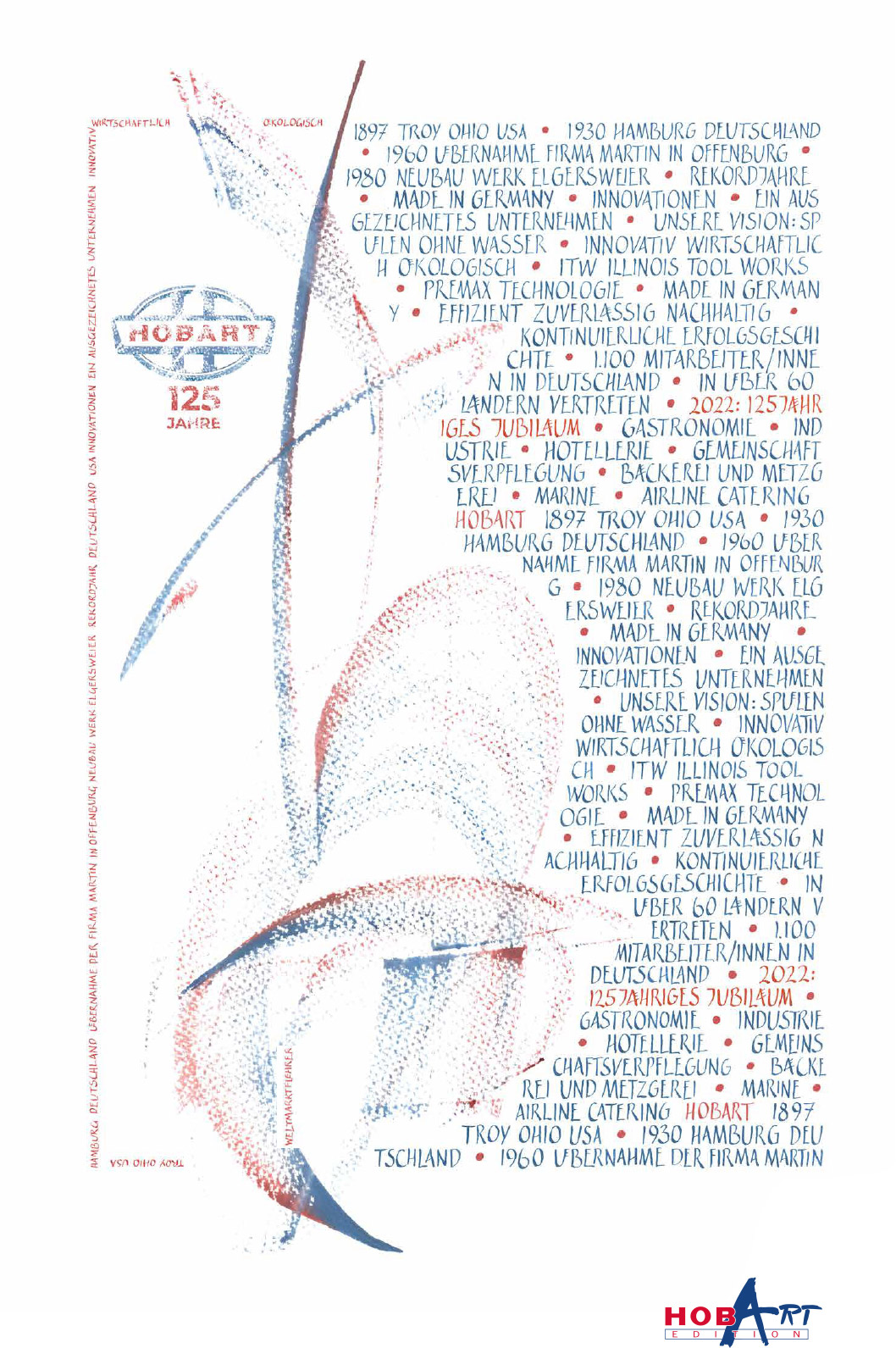 Kaligraficzne dzieło autorstwa Bärbel Schulz z edycji HOBART 2022, wykonane w czerwieni i błękicie charakterystycznych dla marki. Dynamiczna kompozycja łączy abstrakcyjną kaligrafię z historycznymi momentami firmy, symbolizując 125 lat tradycji, innowacji i rozwoju ukierunkowanego na przyszłość.